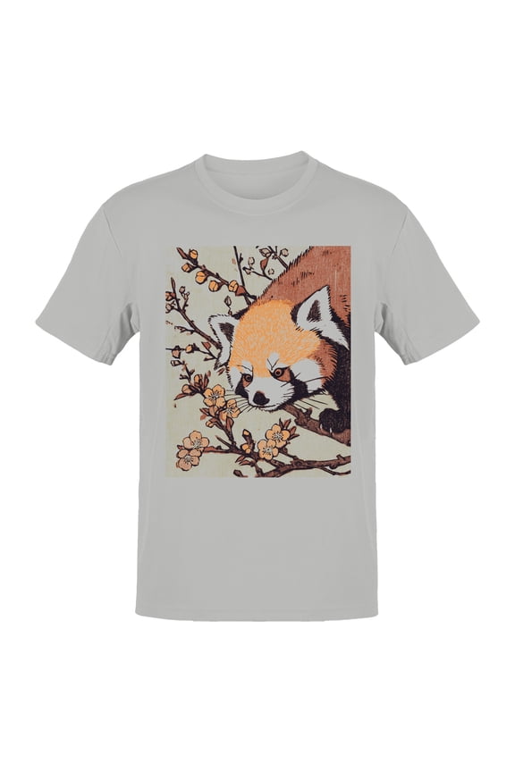 Ukiyo Block Print Red Panda Art Men's Gray T-shirt