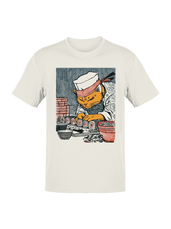 Ukiyo Block Print Sushi Cat Men's Off-White T-shirt