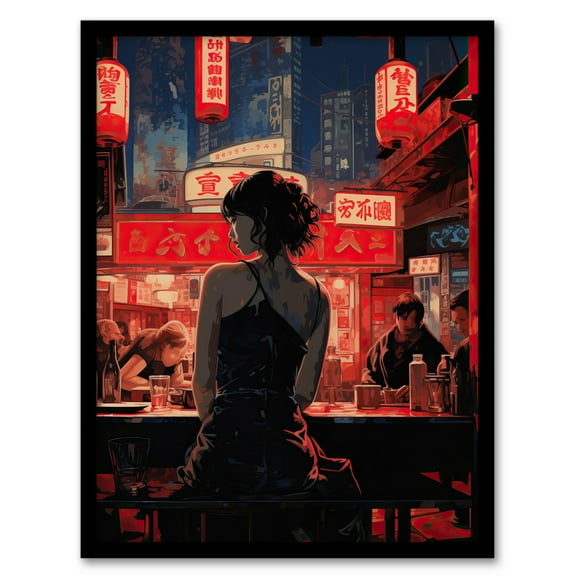Ukiyo Cyberpunk Jazz Bar Film Noir Neon Anime Artwork Painting Art Print Framed Poster Wall Decor 12x16 inch
