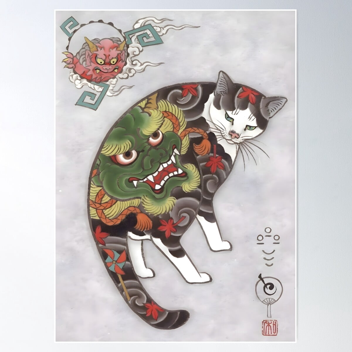 Ukiyo E Cat Dragon Tattoo Poster Wall Art, Modern Wall Decor For Living ...