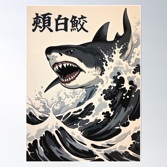 Ukiyo-E Great White Shark Breaching Ocean Waves Poster Wall Art Modern Wall Decor For Living Room Bedroom Art