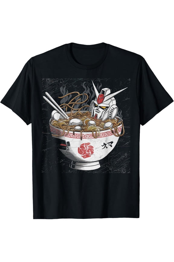 Ukiyo-E Inspired Graphic T-Shirt with Robot Head Noodles Design on Black Background