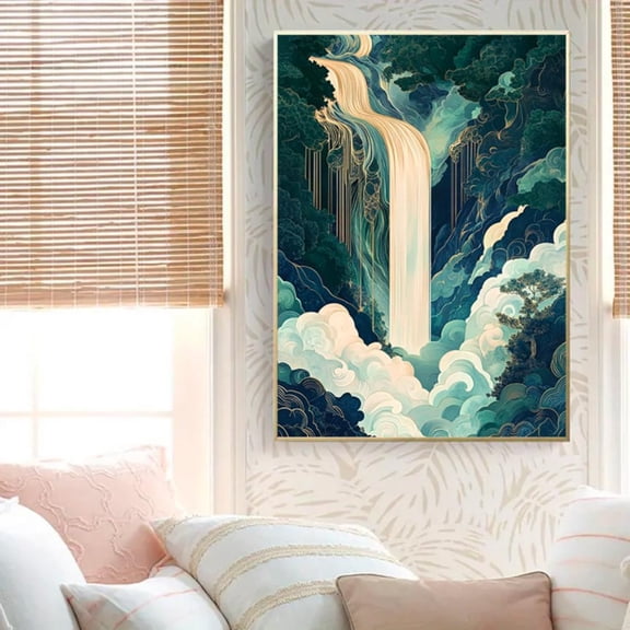 Ukiyo,E Waterfall Landscape Poster, Hokusai Japanese Art Poster, Classic Blue Green Wall Decor, Elegant Asian Home Style, Unique Gift Art, 8x12 UNFRAMED