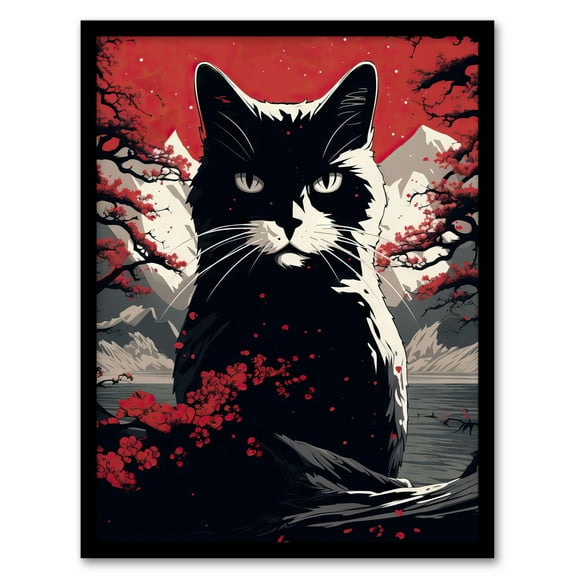 Ukiyo Japanese Black Cat Red Black White Modern Artwork Painting Art Print Framed Poster Wall Decor 12x16 inch