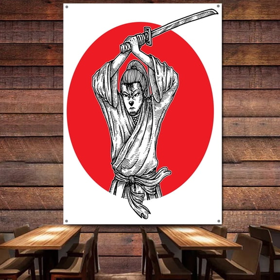 Ukiyo-e Bushido Tattoo Tapestries Wall Art Posters and Prints Canvas Painting Vintage Japanese Samurai Flag Room Bar Cafe Home Decor Wall Hanging Banner B2,38X57 inches