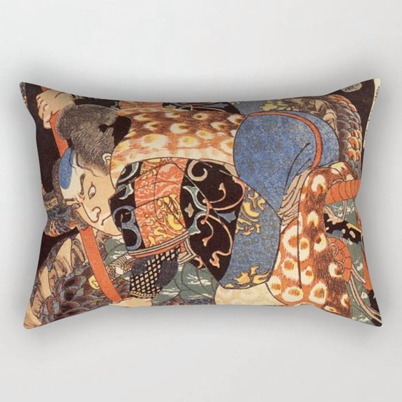 Ukiyo-e Figure in Patterned Kimono Lumbar Pillow Cover, 30 x 20 in, Double-Sided Print, Cover Only
