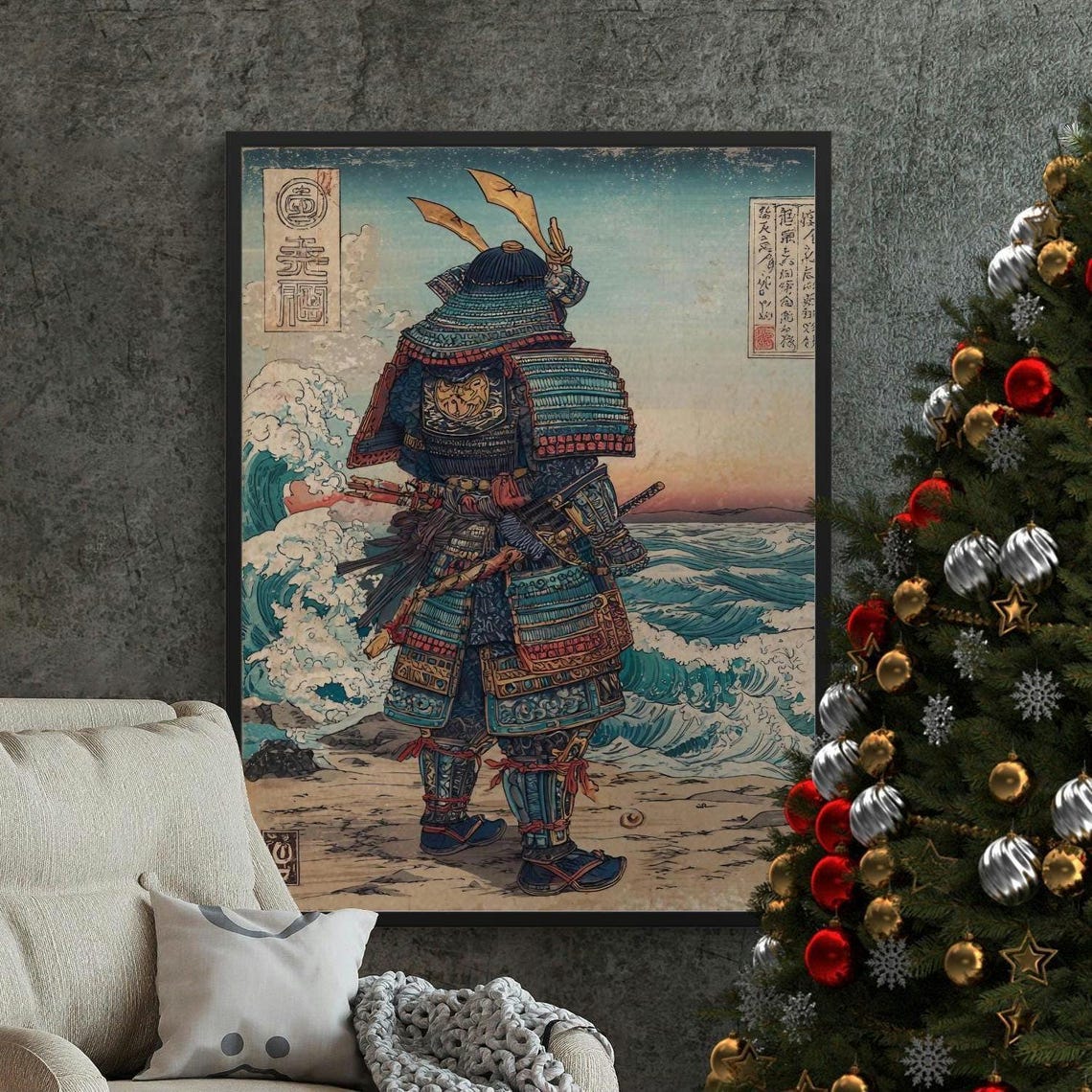 Ukiyo e Samurai Print Japanese Warrior Art Coastal Scene Unframed 
