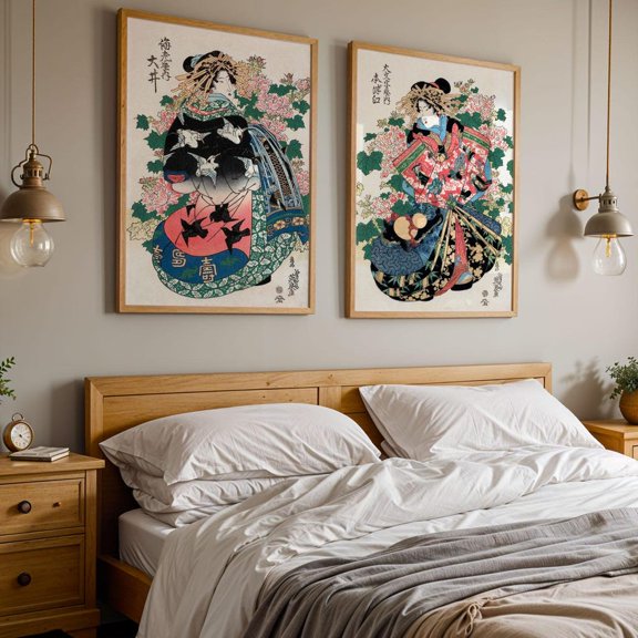 Ukiyo-e Woman Poster, Colorful Geisha Japanese Art Set 2 Unframed Paper Print 8x12