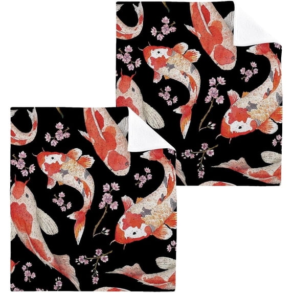 Ukiyoe Fish Floral Black Washcloth 12x12in Set, 4 Pack Absorbent Cotton Towel Square Kitchen Dishes Towels, Soft Cleaning Face Hand Towel Fast Drying Wash cloth
