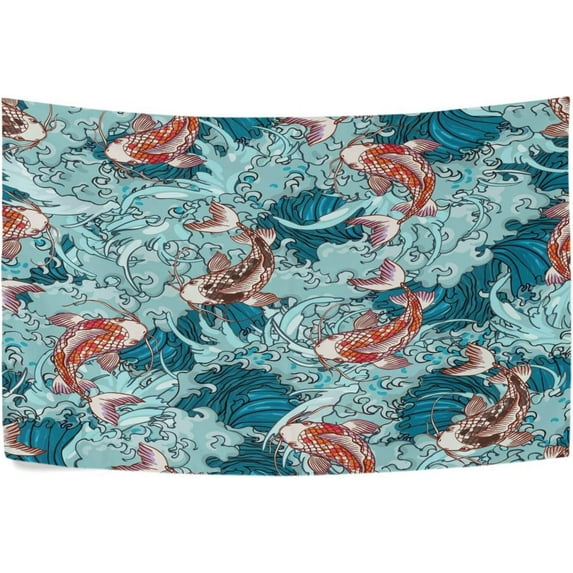 Ukiyoe Fishes Tapestry Wall Hanging Tapestries Happy Colorful Hippie Psychedelic Art Polyester Carpet Wall Decorative for Living Room Bedroom 60x51inch