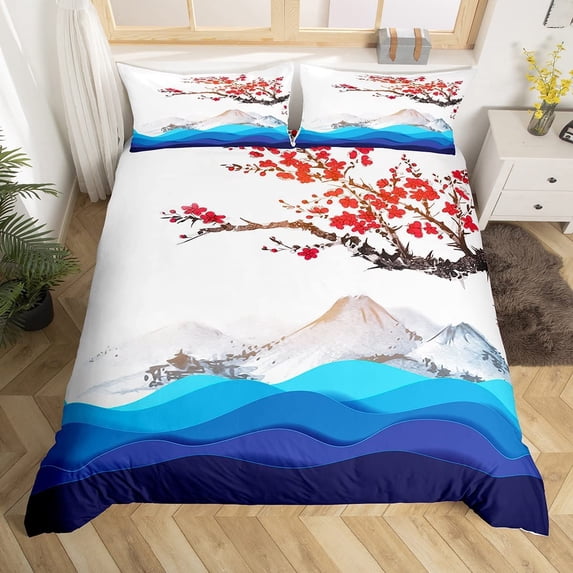 Ukiyoe Style Duvet Cover Cherry Blossom Bedding Set, Japan Mount Fuji Ethnic Kawaii Comforter Cover, Japanese Sea Waves Floral Bed Sets Flower Ink and Water Painting Bedroom Decor