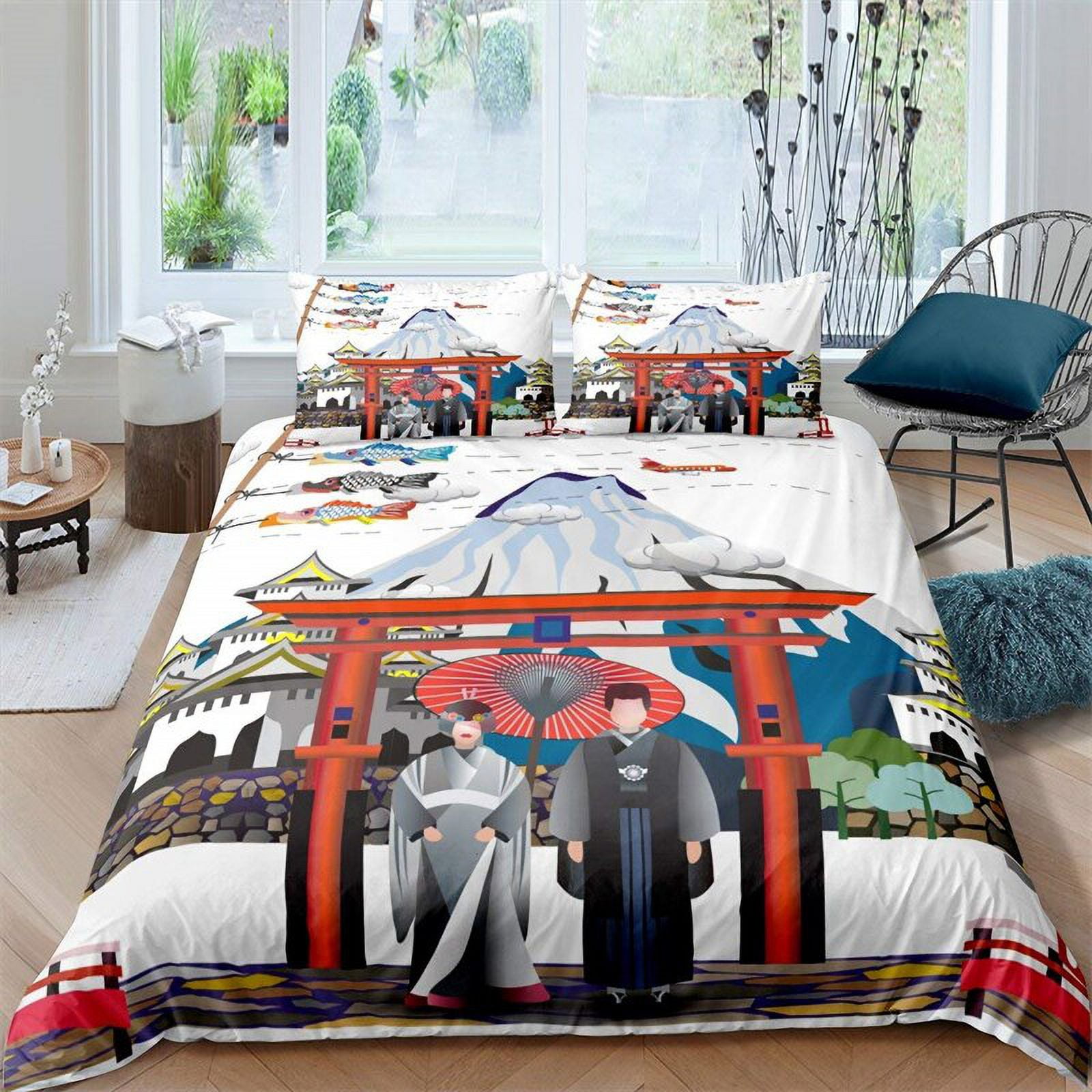 Ukiyoe Style Duvet Cover Cherry Blossom Bedding Set King Japan Mount