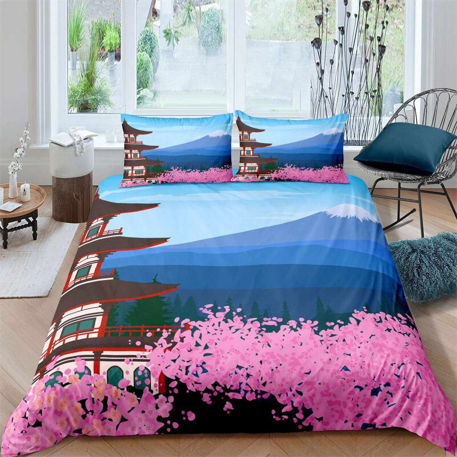 Ukiyoe Style Duvet Cover Cherry Blossom Bedding Set King Japan Mount
