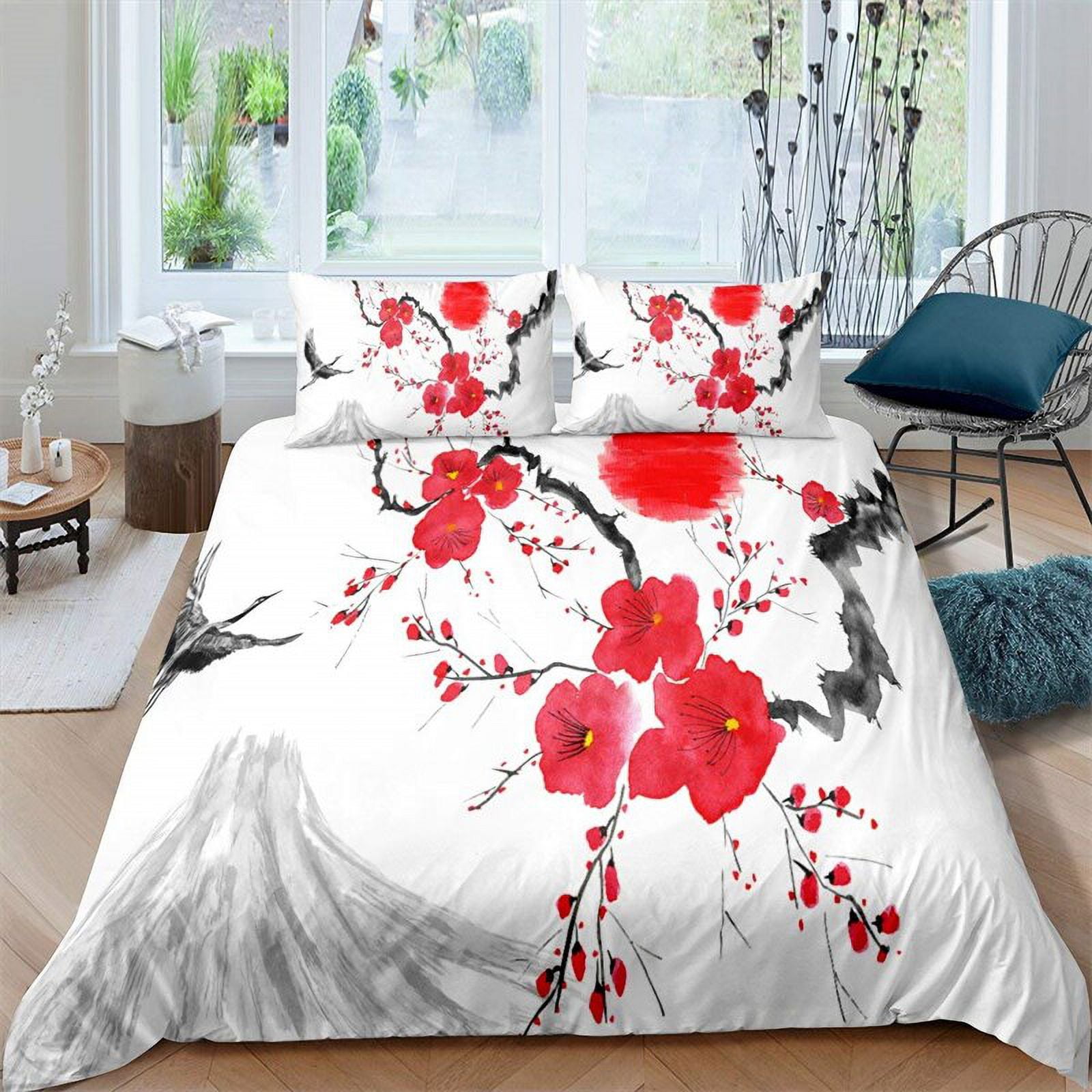 Ukiyoe Style Duvet Cover Cherry Blossom Bedding Set King Japan Mount