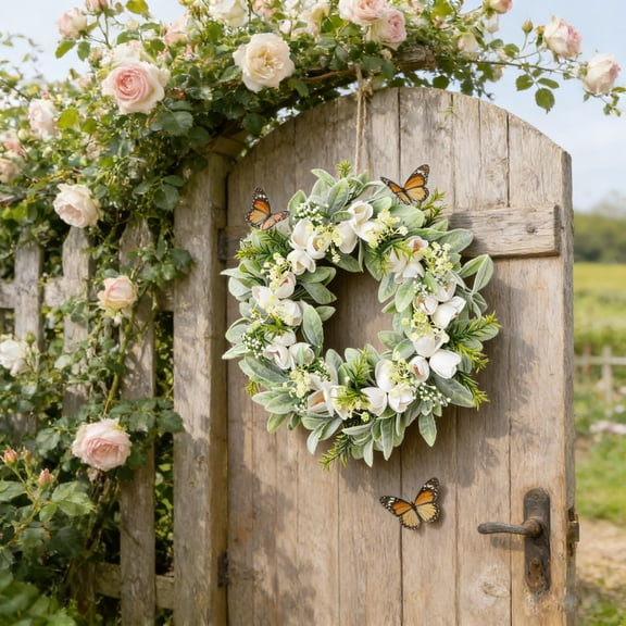 Uklsqma Spring Wreath for Front Door | Artificial Green Leaves & Flowers Decor | Indoor Outdoor Wall Hanging | 15.75 Inch Home Garden Party Decor