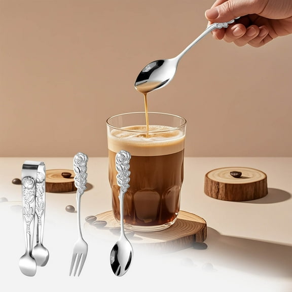 Uklsqma Stainless Steel Rose Pattern Ice Clip Spoon Fork Set | Vintage Style Dessert Utensils | 3-Piece Kitchen Tool Set for Coffee & Tea