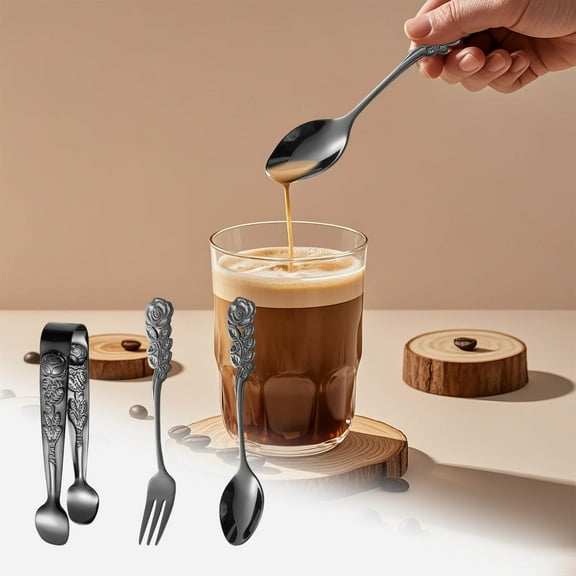 Uklsqma Stainless Steel Rose Pattern Ice Clip Spoon Fork Set | Vintage Style Dessert Utensils | 3-Piece Kitchen Tool Set for Coffee & Tea