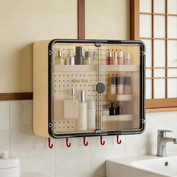 Uklsqma Wall Mounted Bathroom Storage Cabinet with Double Doors & Pegboard | No Drill Adhesive Installation | Waterproof Plastic Organizer for Vanity, Shower & Kitchen | 1 Piece