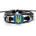 thumbnail image 1 of Ukraine Charm Bracelet, The Tryzub Bracelet - The Ukrainian Coat of Arms w/ Glass Gem Multilayer PU Leather Wristband - Black, 1 of 2