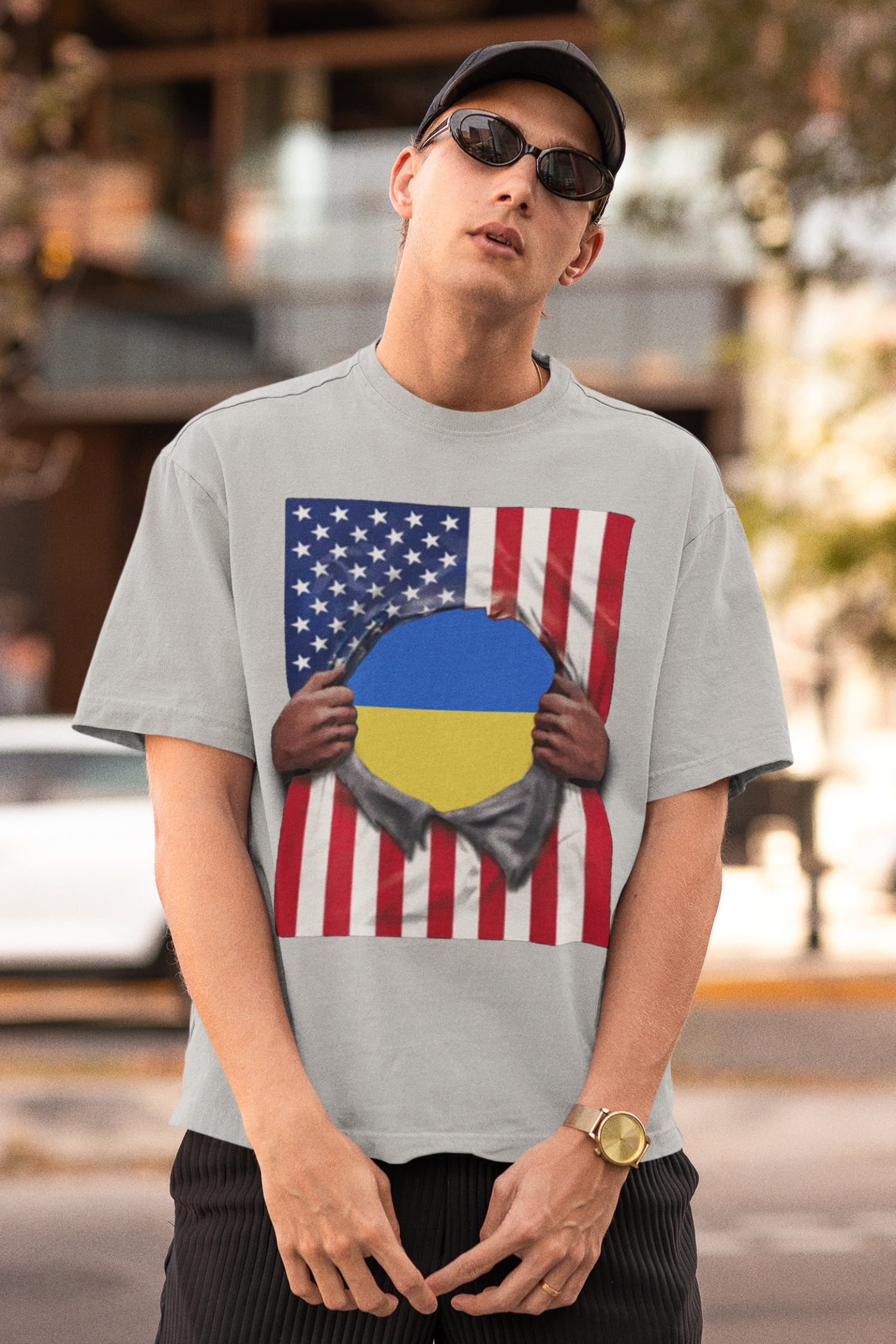 Ukraine Flag + USA Flag Pride T-shirt | Ukrainian + American Flag Rip
