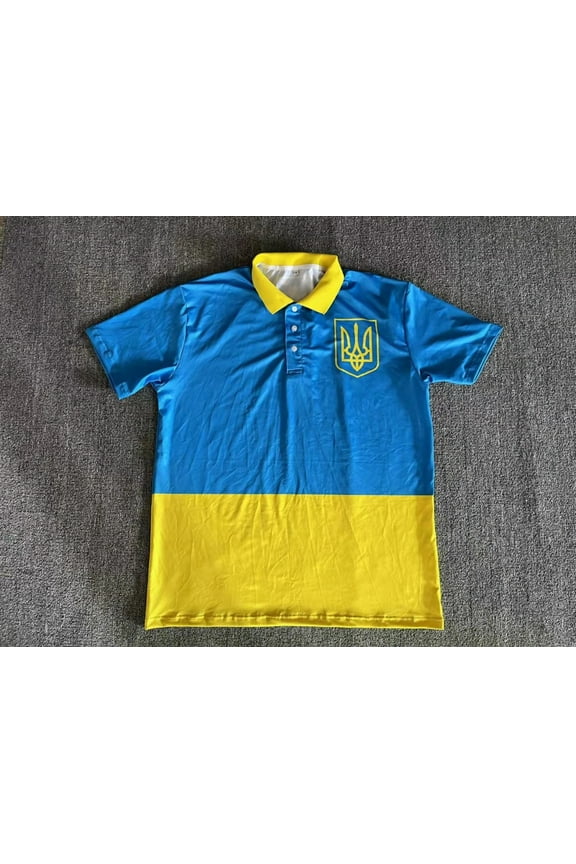Ukraine Official Trident Flag & Royal Crest Athletic Jersey Rough Tex Polo Shirt in Medium Size