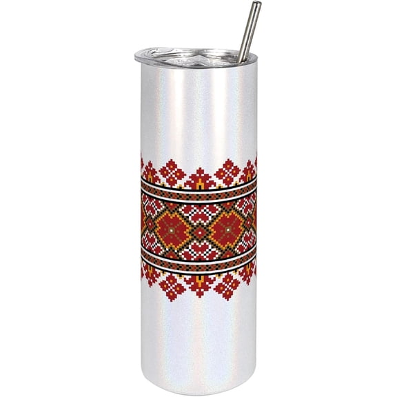Ukrainian 20 Oz Skinny Tumbler, Colorful Ornamental Slav Motifs Traditional Rushnik Illustration, Leak-Proof Straw Lid and Brush Vacuum Insulated for Outdoor Use, Marigold Ruby Pale Brown