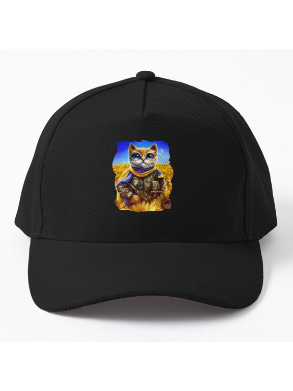 Ukrainian Cat Soldier Sunflower Field Baseball Cap, Military Feline Hat Style