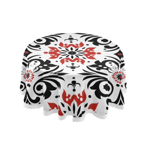 Ukrainian Design Pattern Round Lace Tablecloth 60 Inch Polyester Wrinkle Resistant Decorative