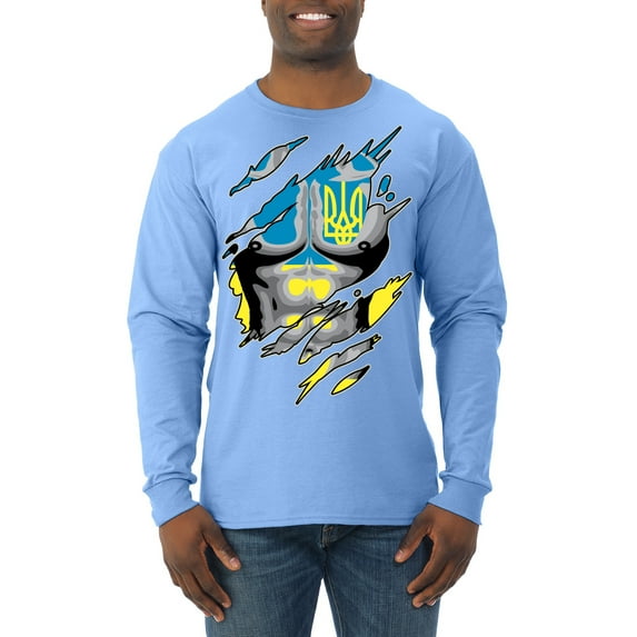 Ukrainian Muscle Skin Beast Mode Mens Long Sleeve Shirt, Light Blue, Medium