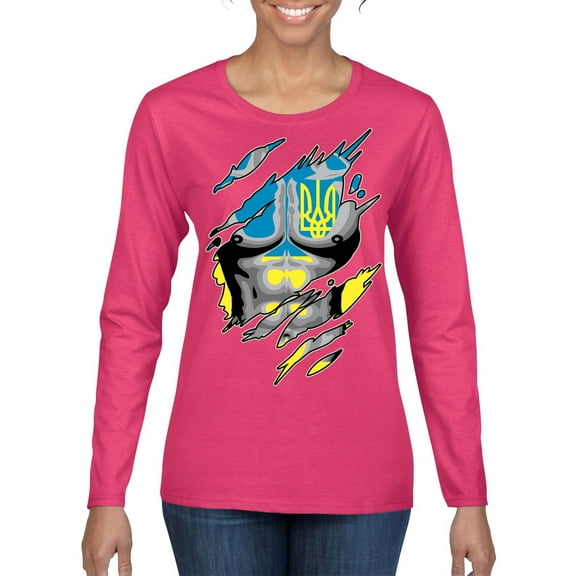Ukrainian Muscle Skin Beast Mode Womens Graphic Long Sleeve T-Shirt, Fuschia, Small
