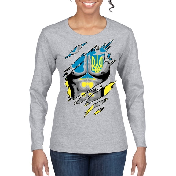 Ukrainian Muscle Skin Beast Mode Womens Graphic Long Sleeve T-Shirt, Heather Grey, Small