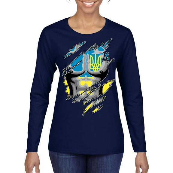 Ukrainian Muscle Skin Beast Mode Womens Graphic Long Sleeve T-Shirt, Navy, Large