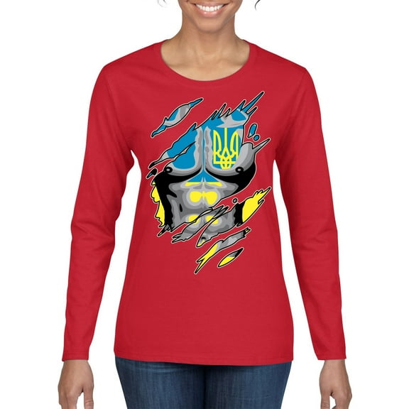 Ukrainian Muscle Skin Beast Mode Womens Graphic Long Sleeve T-Shirt, Red, X-Large