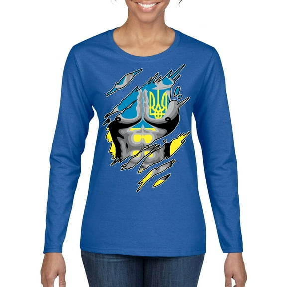 Ukrainian Muscle Skin Beast Mode Womens Graphic Long Sleeve T-Shirt, Royal, X-Large