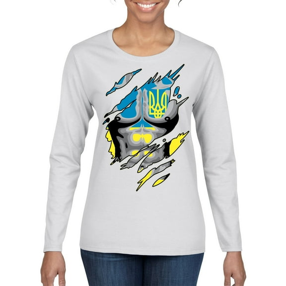 Ukrainian Muscle Skin Beast Mode Womens Graphic Long Sleeve T-Shirt, White, Small