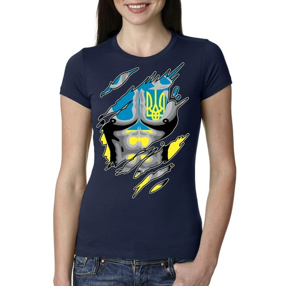 Ukrainian Muscle Skin Beast Mode Womens Slim Fit Junior Tee, Navy, X-Large