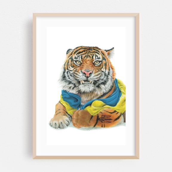 Ukrainian Tiger - Painting Tiger Wildlife Modern Art Fantasy Surrealism Oak Framed Wall Art Print 5 x 7 inches