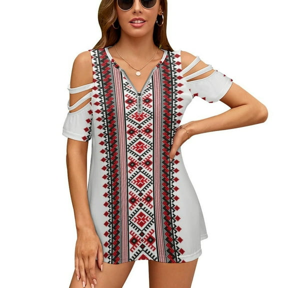Ukrainian Vyshyvanka Embroidery Womens Summer V Neck Zipper Top Short Sleeve T Shirt Off Shoulder Top Casual Classy Loose Shirts