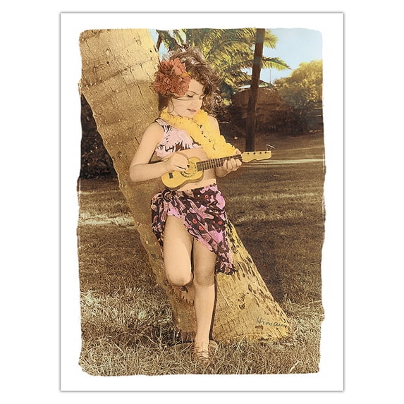 ʻUkulele Girl - Young Hawaiian Child (Keiki) Plays the ʻUkulele - From an Original Hand Colored Photograph by Himani - Bamboo Fine Art 290gsm Paper Print (Unframed) 24x32in