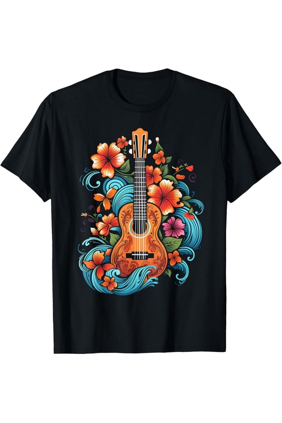 Ukulele Hawaiian Hibiscus Flowers Guitar Hawaii Surfer Uke T-Shirt