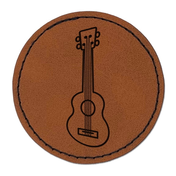 Ukulele Music Instrument Doodle 2.5" Faux Leather Round Engraved Iron-On Patch - Brown