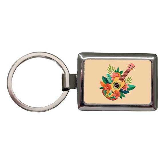 Ukulele Music Tropical Floral Motif Metal Rectangle Keychain