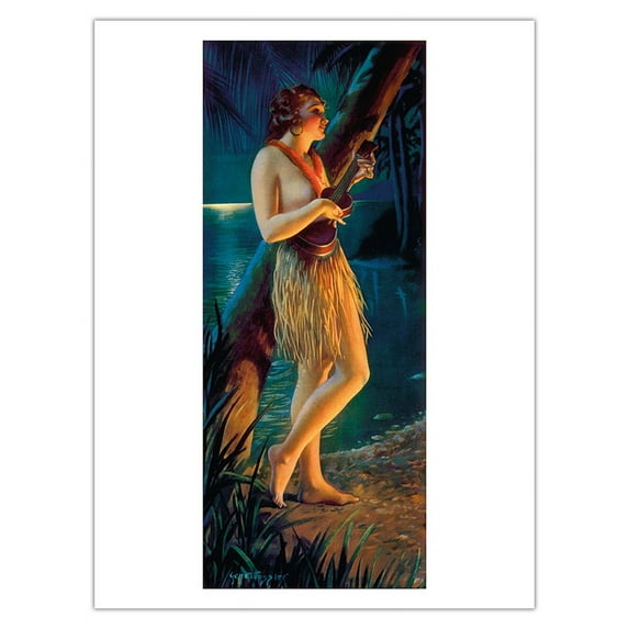 ʻUkulele Wahine - Hawaiian Pin-Up Girl - Vintage Yard-Long Print by Gene Pressler c.1920s - Bamboo Fine Art 290gsm Paper (Unframed) 12x16in
