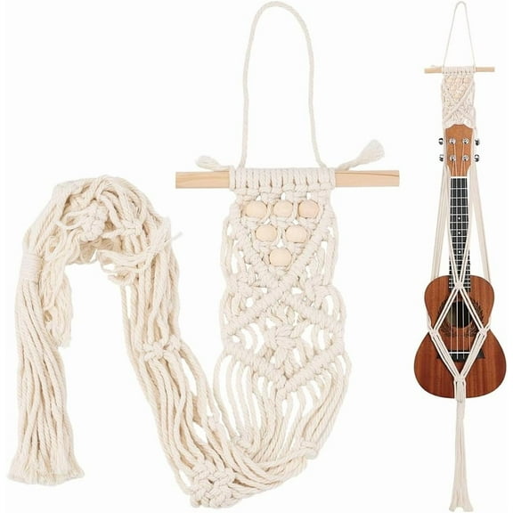 Ukulele Wall Mount Hanger White Macrame Guitar Wall Hanger 7.87" x 37.4" Cotton Boho Hanging Stand Holders Hangers Alternative Kit with Wood Head for Acoustic Electric Guitars Walls Decor Brown DIY