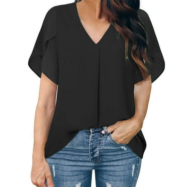 Ukumplol Button Shirts Going Out Tops for Women Women New V Neck Chiffon Plain Color Blouse Pleated Loose Short Sleeved Blouse Tops Oversized Tshirts for Women Black L