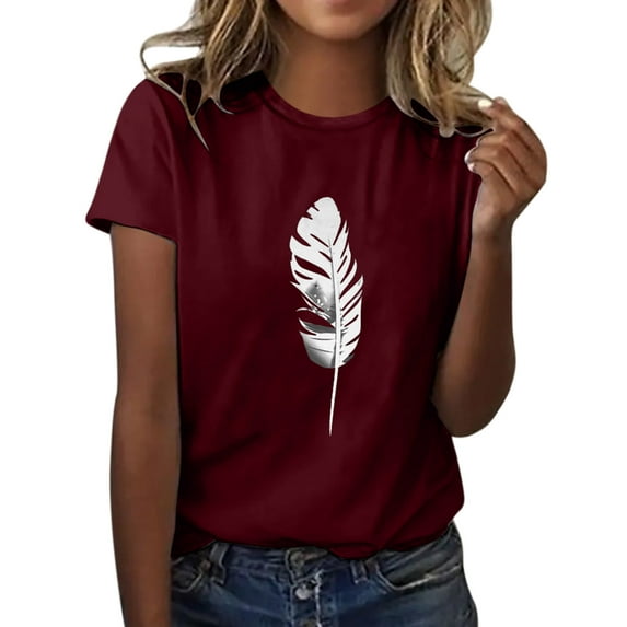 Ukumplol Graphic Tees for Women Oversized Tshirts for Women Womens Summer Top Casual Feather Print T Shirt Fashion Loose Short Sleeve Short Sleeve Shirts for Women Wine L