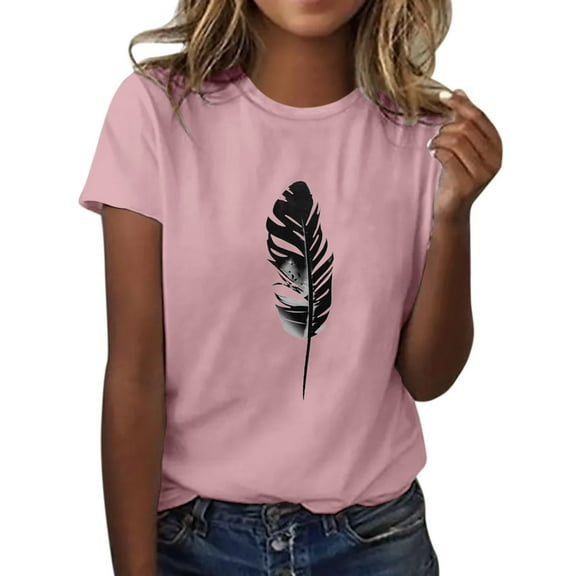 Ukumplol Graphic Tees for Women Oversized Tshirts for Women Womens Summer Top Casual Feather Print T Shirt Fashion Loose Short Sleeve Short Sleeve Shirts for Women Pink S