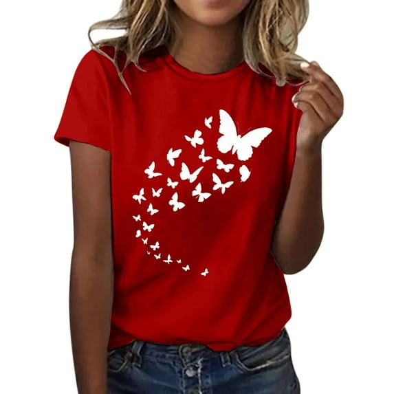 Ukumplol Graphic Tees for Women Short Sleeve Shirts for Women Women's Butterfly Print Round Neck Short Sleeve T Shirt Top Womens Summer Tops Red M