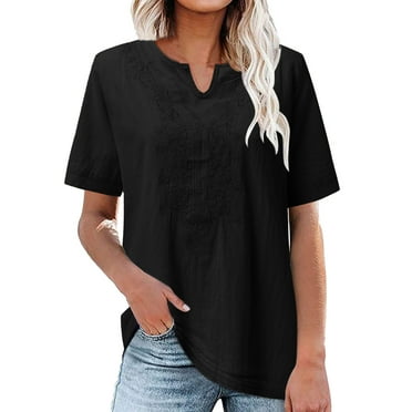 Ukumplol Linen Shirts for Women Plus Size Tops for Women Ladies Solid Color Cotton Fashion V Neck Embroidered Embossed Short Sleeve Top Oversized Tshirts for Women Black L