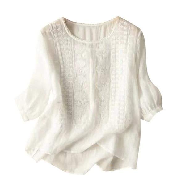 Ukumplol Linen Shirts for Women,gauze Shirts for Women,summer Tops for Women,women Vintage Embroidery Shirts,print Short Sleeve T Shirt Top Blouse,cute Shirts for Women, White 2XL